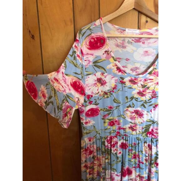 SMALLSHOW Maternity Dress Womens Size XL Blue Floral Flared Sleeve Flowy Casual - Picture 3 of 9